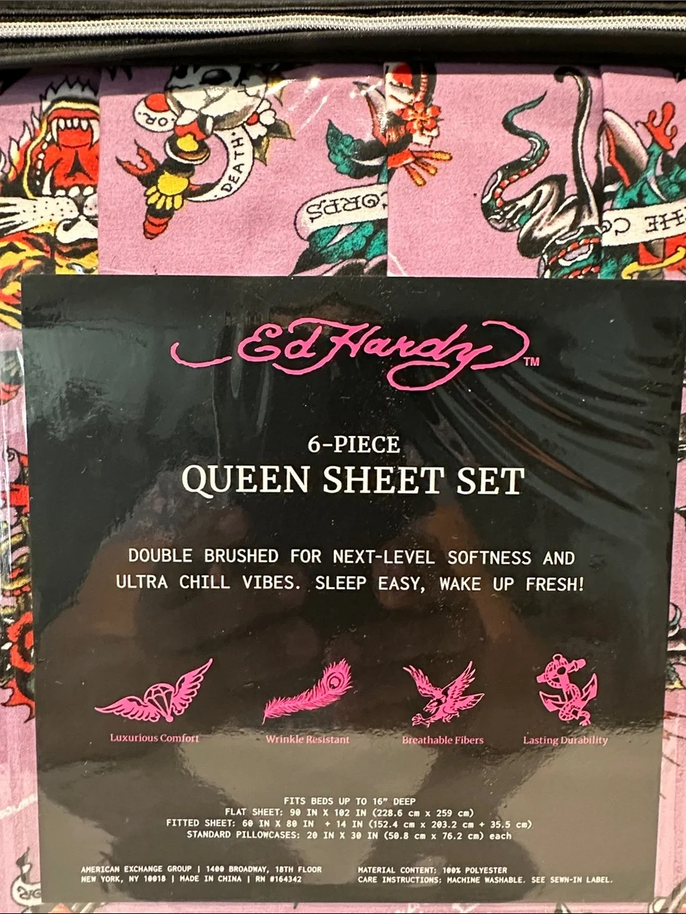 NWT Ed Hardy Tatto Collection 6 Piece Queen Sheet Set with 4 Pillowcases.